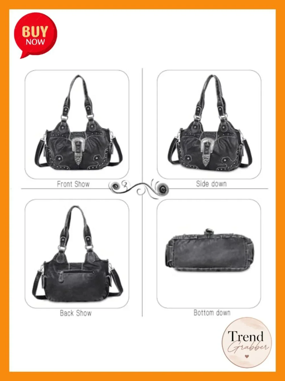 Vegan Leather Hobo Bag with Metal Studs - Large Capacity Shoulder Crossbody